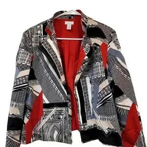 Chico's Women's Red/White/Black Cotton Blend Geometric Print Open Front Lined Ja